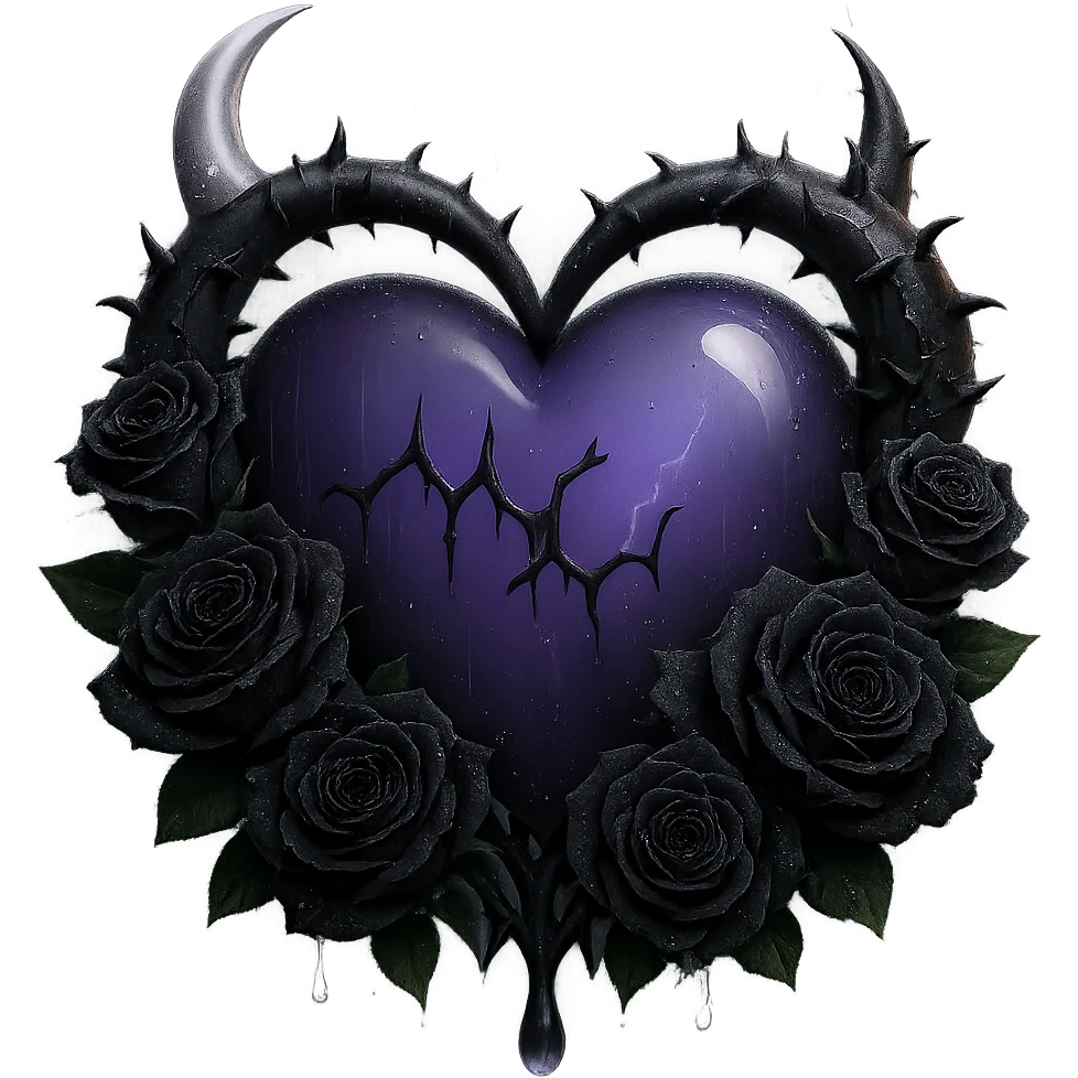 Make the black roses much more prominent and detailed, keeping the gothic heart, deep purple glass, crescent moon dripping silver, subtle lightning, rainy mist, cracked glass glowing softly, in the style of 3D emoji style, with no background. emoji
