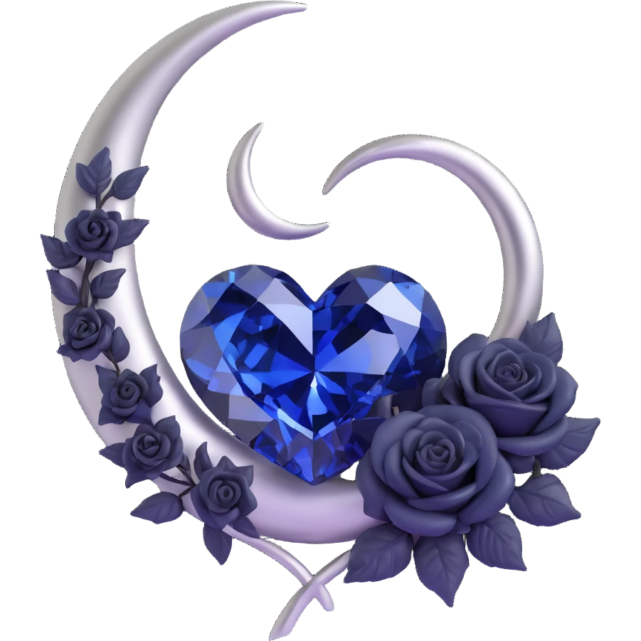 3D emoji gothic heart, midnight blue crystal, silver crescent moon, tiny black roses, mysterious and rich emoji