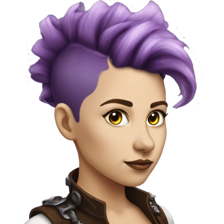 Photorealistic steampunk profile short mohawk purple wavy  on Caucasian girl with small nose round face emoji
