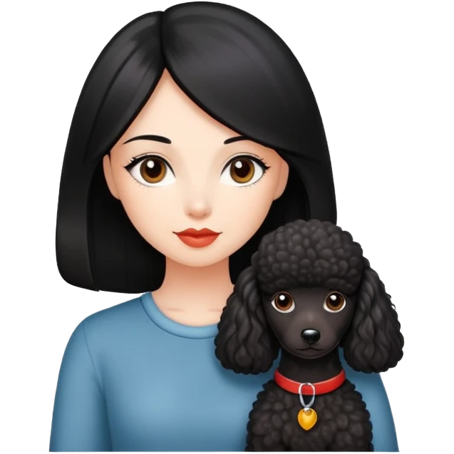 A beautiful girl with fair skin has long straight black hair and a miniature reddish-black Poodle  emoji