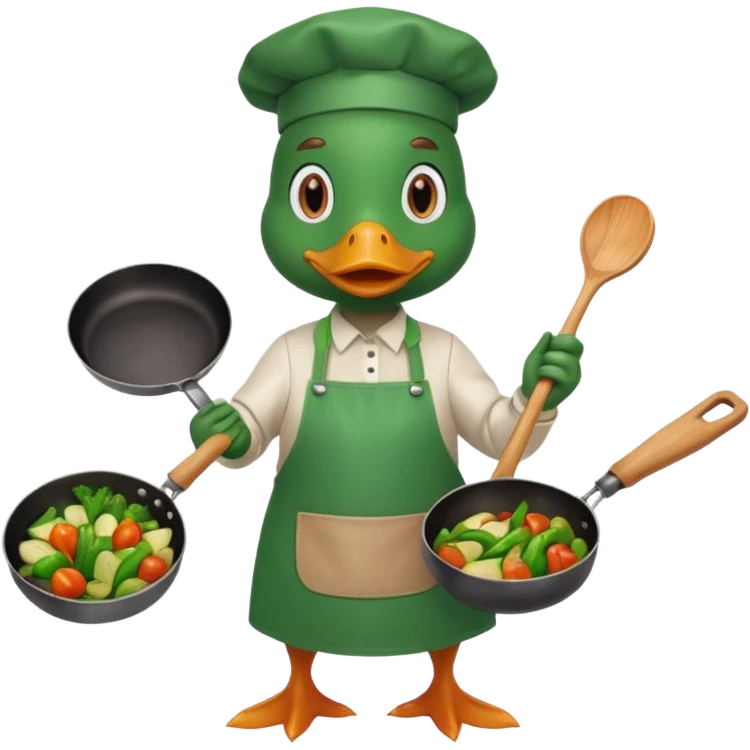 A duck holding a frying pan with sizzling vegetables, wearing green apron emoji
