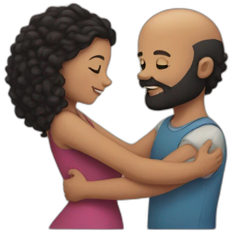 Bald boy with black beard hugging a girl with curly dark hair emoji