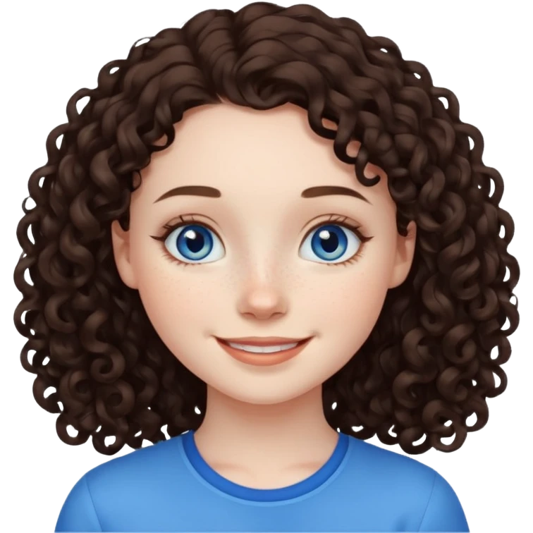 girl with dark brown curly hair, pale skin, blue eyes, some freckles emoji