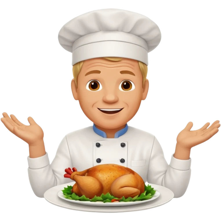 Gordon Ramsay cheerful, showing off a perfectly cooked chicken on a plate, chef uniform emoji