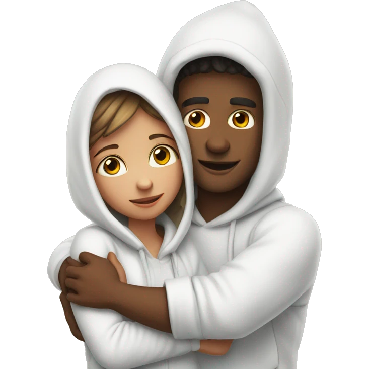 An emoji of a man wearing a white hoodie, standing next to his sister. He is hugging her warmly, showing a close sibling bond emoji