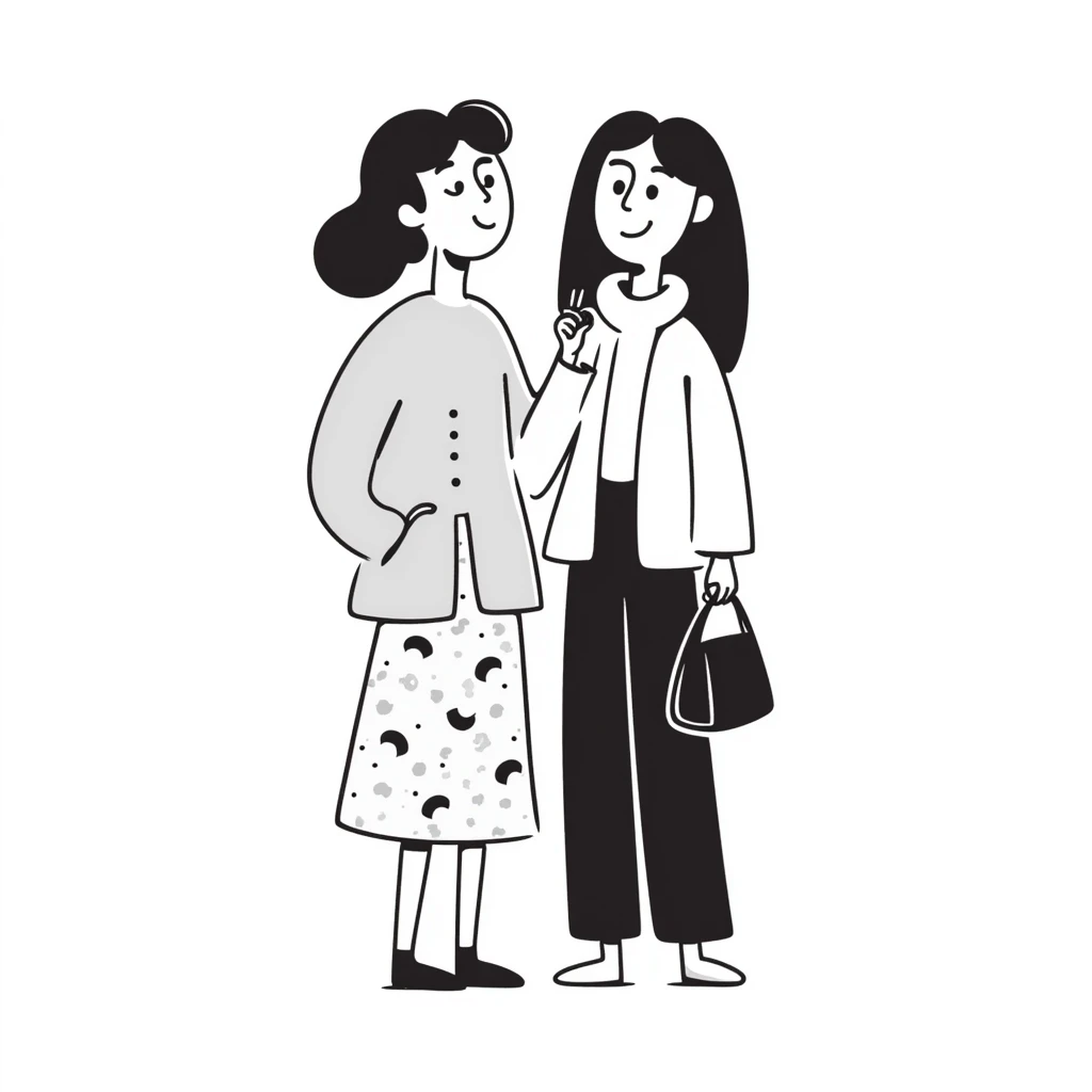 two women standing together, hand drawn illustration, simple emoji