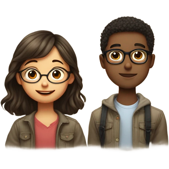 a cute boy without a beard and a cute girl with more or less long hair with glasses giving a kiss on the man's cheek emoji