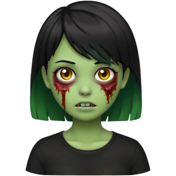 Emoji zombie girl verde com cabelo preto liso  curto com franja pro lado com uma blusa preta emoji