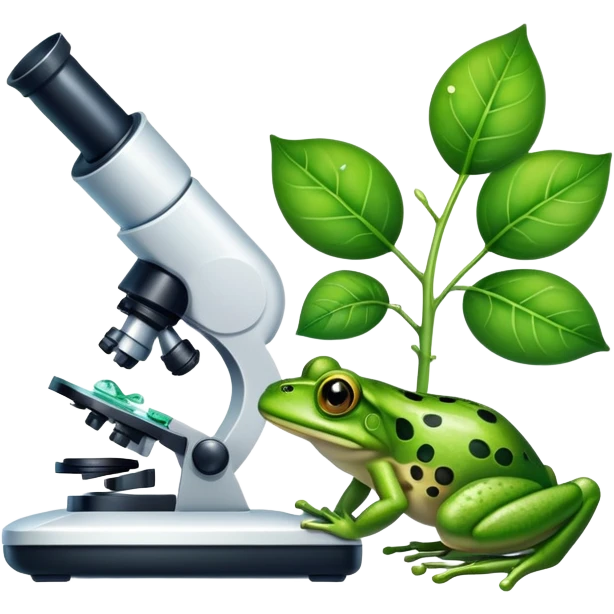 An icon featuring a DNA strand, a microscope with visible cells, and a green leaf, symbolizing biology. The design includes animal cells, plant structures, and a frog, representing the study of living organisms and ecosystems. Transparent background highlights life sciences and biological research. emoji