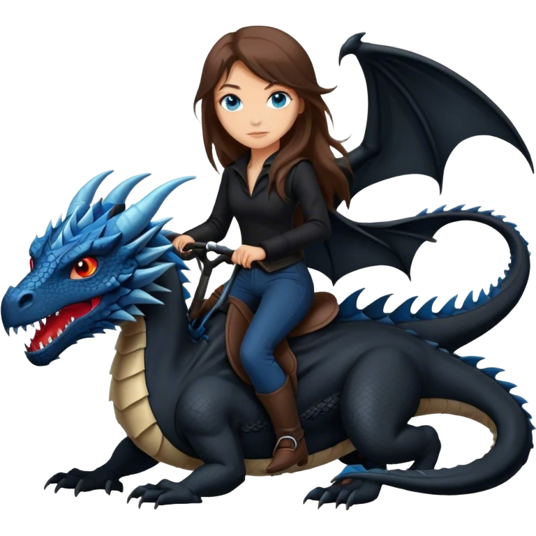 Me, a white female with long brown hair and blue eyes, wearing nothing but black clothes, and riding a VERY BLACK wyvern/dragon with HINTS of RED, to your work emoji