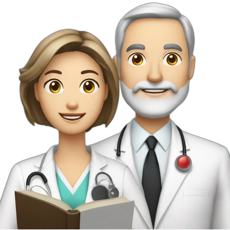 husband caucasian age 55 trimmed beard wearing dark business suit holding bible together, wife asian age 55 wearing nurse uniform, no children emoji