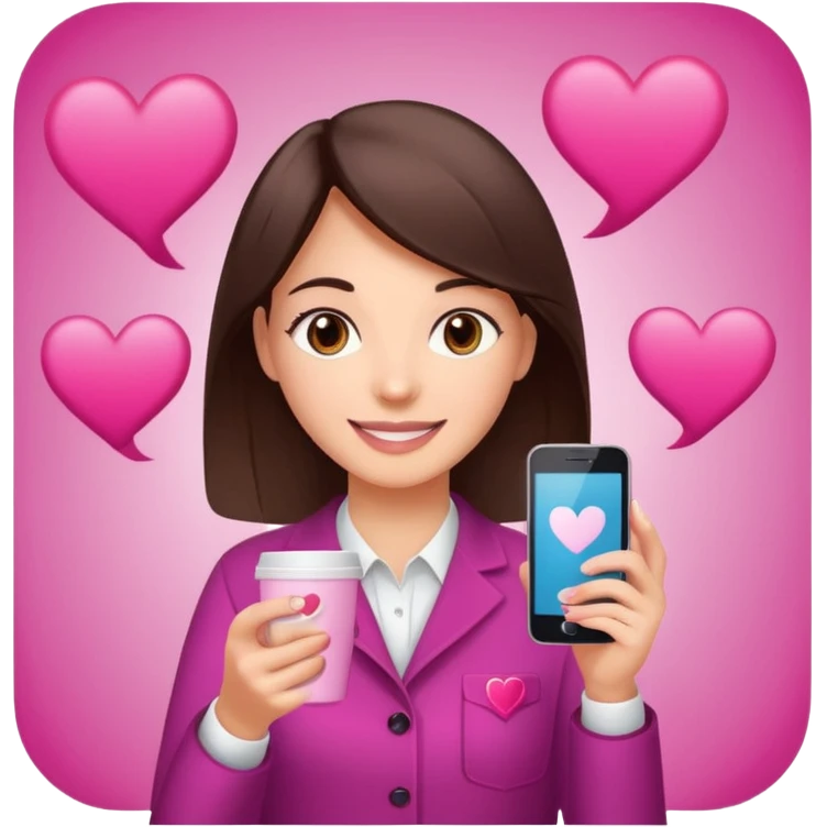 Social media manager. She has dark brown hair, brown eyes, a friendly smile. She is holding a smartphone and a coffee cup. Include subtle marketing elements like small icons of hashtags or a speech bubble with a heart. Use vibrant colors with a focus on pink and fuchsia tones. emoji