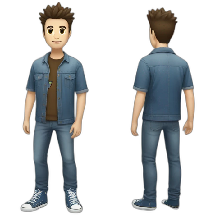 white male adult, Dark Brown Spikey Hair, Pokemon T-Shirt, Blue Jeans, Converse shoes emoji