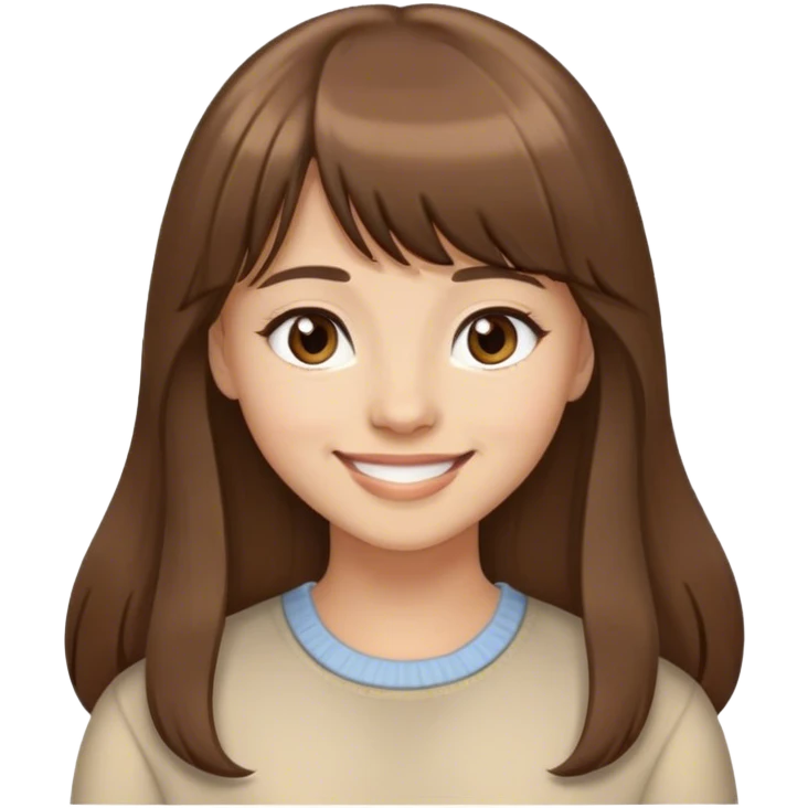 Woman Long brown hair and bangs, small brown eyes and smiling  emoji