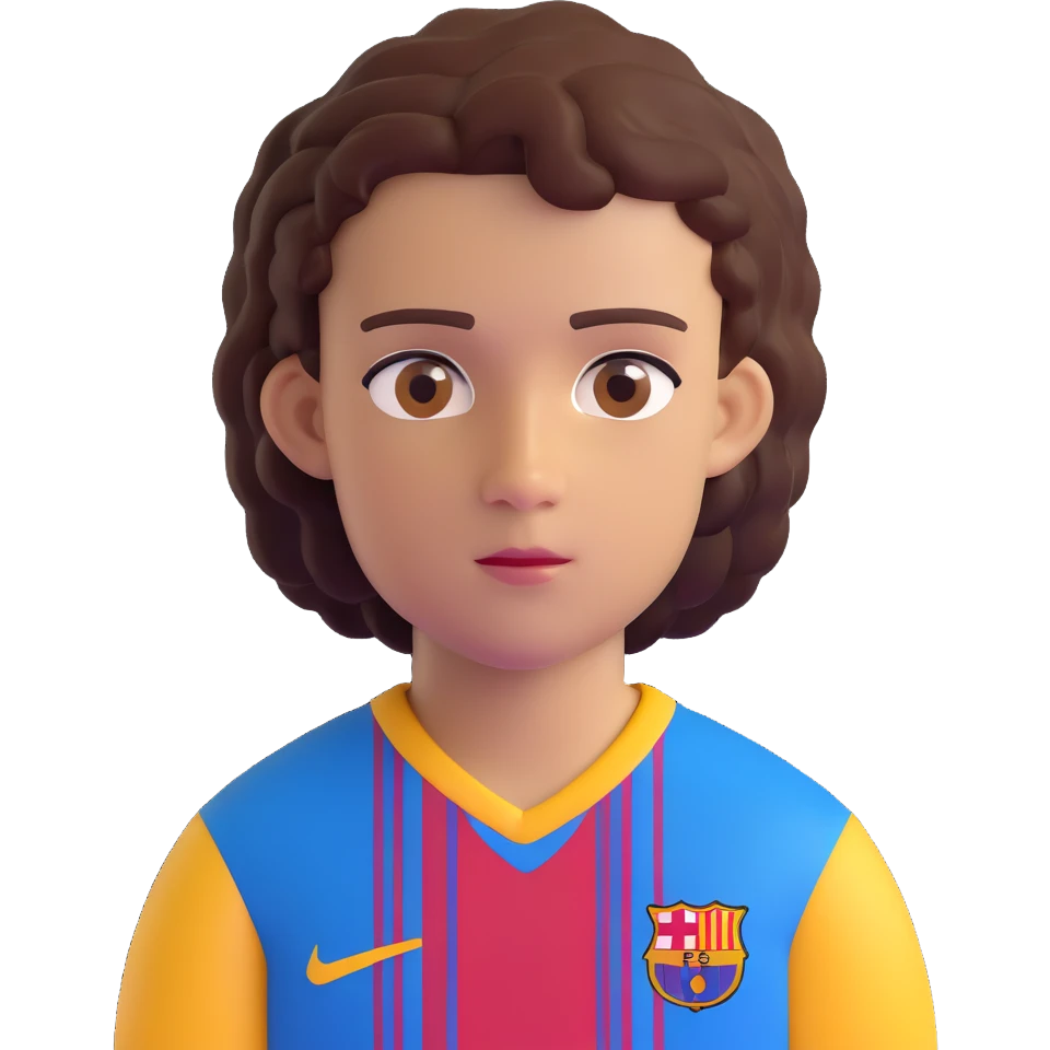 avatar of a young footballer inspired by Lamine Yamal, blue and red striped Barcelona kit, youthful features, short curly hair, brown eyes, confident expression emoji