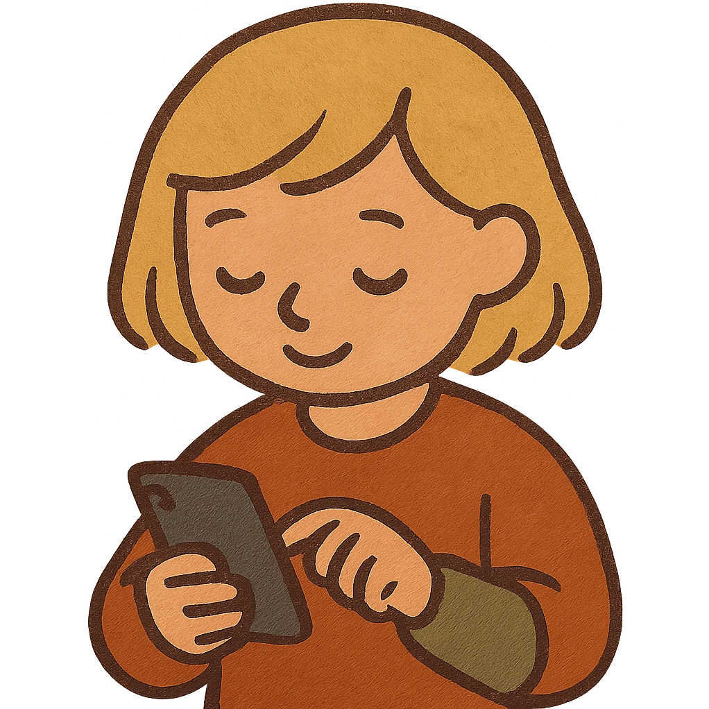 young blonde girl with short hair typing SMS on iPhone, flat style, neutral background, no text emoji