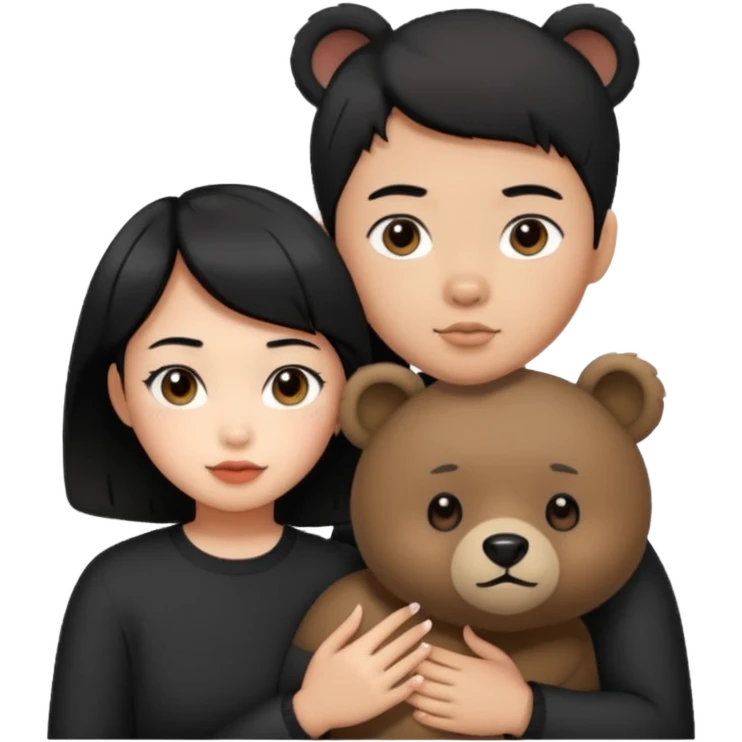 An elegant bear in love with a sexy Asian girl with short hair wearing black emoji