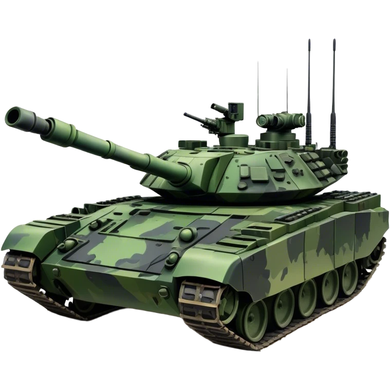 T-90M (2022) – Cinematic-realistic T-90M tank, its angular black and green camouflage slicing through a muddy battlefield. The reactive armor panels gleam under missile flashes, and its remote-controlled machine gun turret swivels as it advances through a smoldering village, leaving deep tracks in the scorched earth. emoji