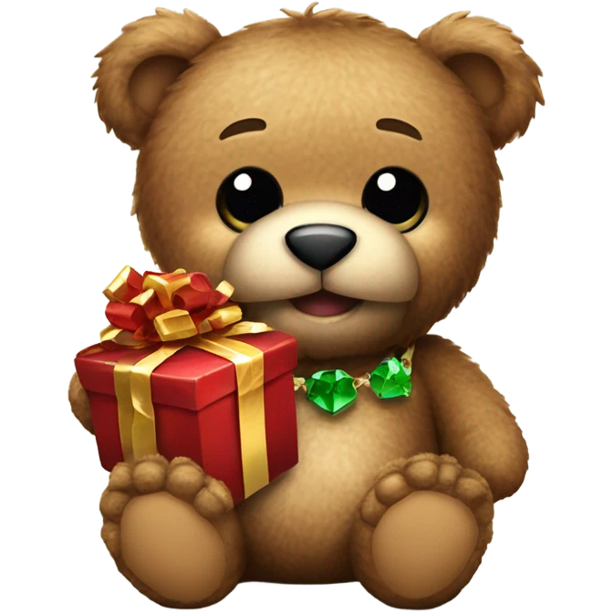 gruff teddy bear holding a gift that sparkles and a shot glass of liquor  emoji