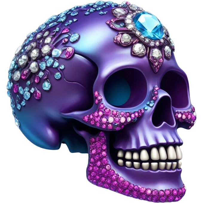 Realistic isolated metallic ornate dark purple,magenta,light blue,and hot pink filigree skull decorated with shiny diamonds and rhinestones.  emoji