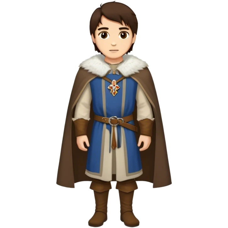 medieval outfit worn by a DnD themed fantasy character. basic cotton tunic with an embroidered collar and a fur-trimmed cape. clothes only above the waist. The clothes full waist. The character's haven't arms. character is dark brown hair amber eyes medium-length straight hair light-skinned man. emoji