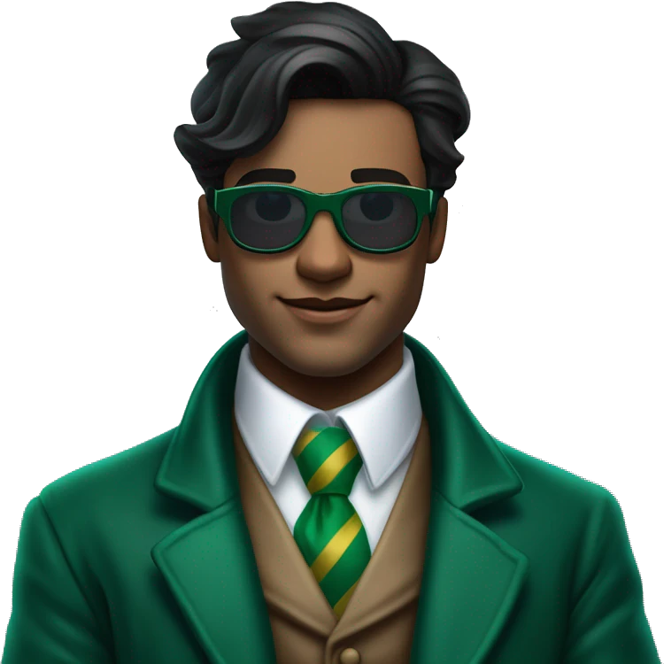 Onceler, a young man with dark hair and striking blue eyes, exudes charm in an emerald green coat, crisp white shirt, striped tie, and top hat. Emerald gloves and dark sunglasses frame his smirk. emoji