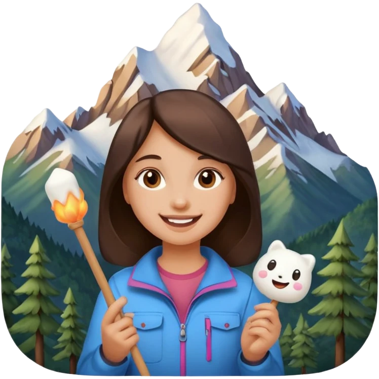 Girl + marshmallow stick, Mountain Campers. emoji