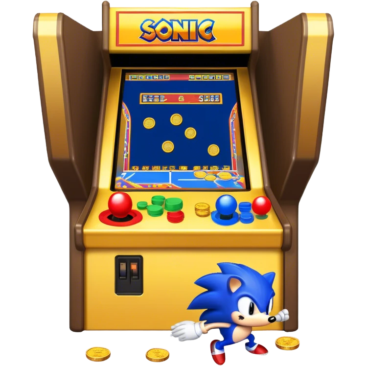 An icon showing a retro arcade screen with pixelated characters like a speedy hedgehog Sonic jumping and collecting coins. The game environment includes obstacles, power-ups, and vibrant colors, evoking the excitement and nostalgia of classic arcade games. transparent background. emoji