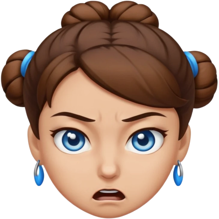 girl with blue eyes, brown hair in an angry brown bun emoji