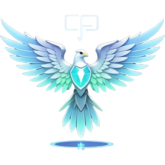 Holographic Falcom in brand color #AAD4C4. It stands proudly with wings slightly lifted in front of touchboard glass screen. A small glowing "REC" button floats next to it. It's confident, energized. There is a J letter on his chest in color #EF7F33. Light holographic outlines and slight neon glow emoji
