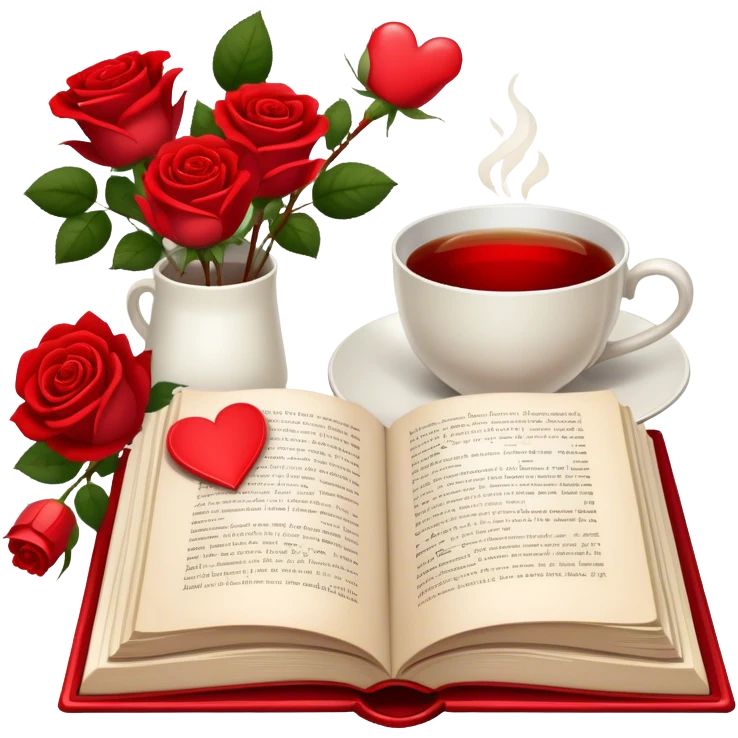 Icon for Romance Reading: an open book with a heart-shaped bookmark, surrounded by roses, a love letter, and a cup of tea. The icon should evoke the warmth, passion, and emotional depth of a love story. Transparent background emoji