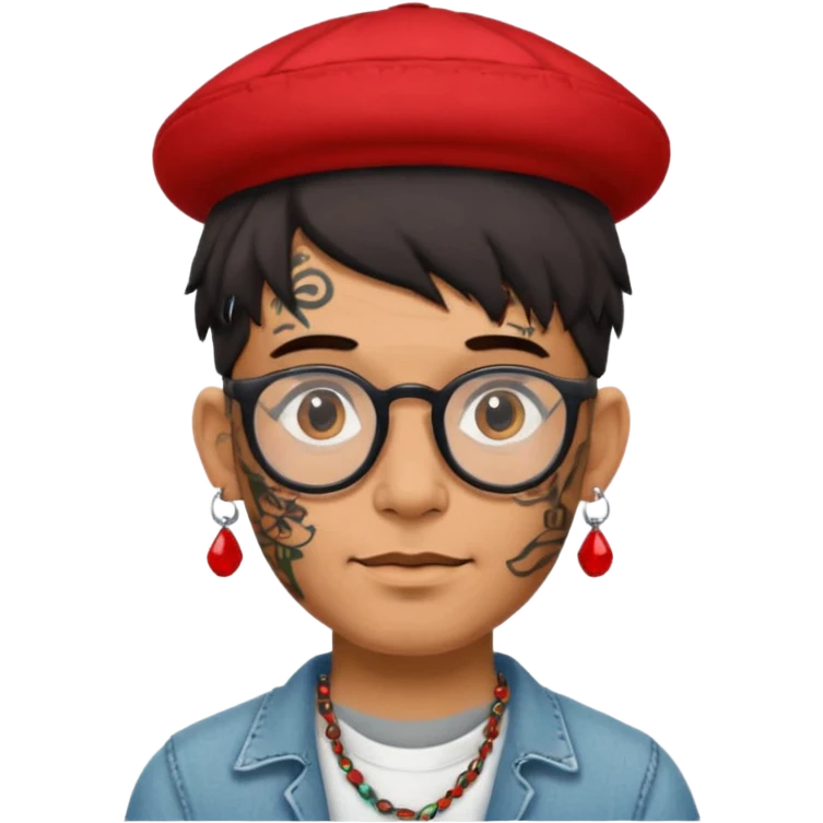unique looking tourist with big unique red tourist hat and earrings, man with lots of tattoes and spectacles, hair showing emoji