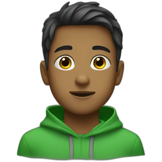 A boy with a green hooudi emoji
