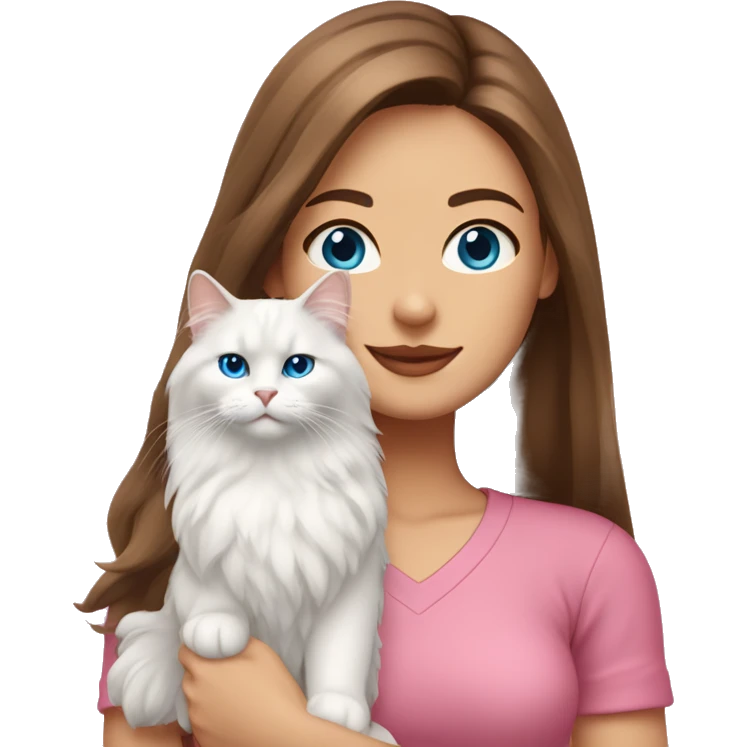 woman with long brown hair and pink shirt and holding a all white Siberian cat with blue eyes emoji
