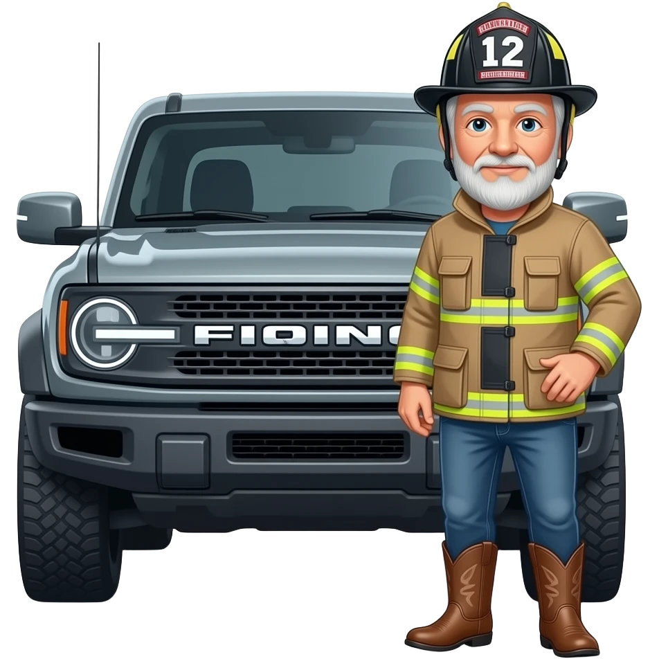 Ford bronco Cartoon emoji-style grey haired man in jeans, cowboy boots, and a firefighter helmet with 12 on the front standing next to marsh gray colored 2025 ford bronco emoji