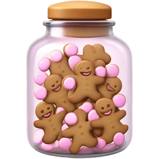 Realistic glass cookie jar with light pink lid full of gingerbread cookies isolated.  emoji