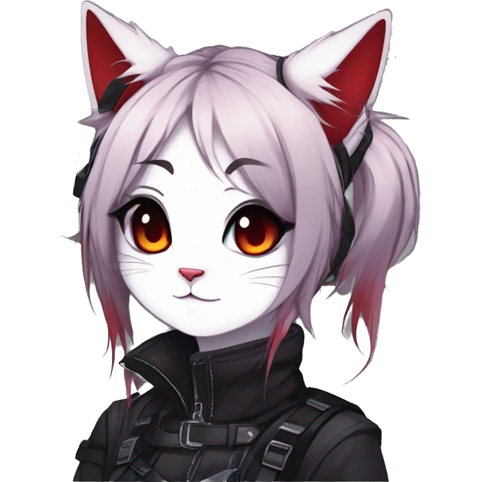 Gorgeous gothic dark techwear anime style anthro cat furry sona with blushing face aesthetic and pretty edgy black red punk messy ponytail hair with collar and harness trending style emoji