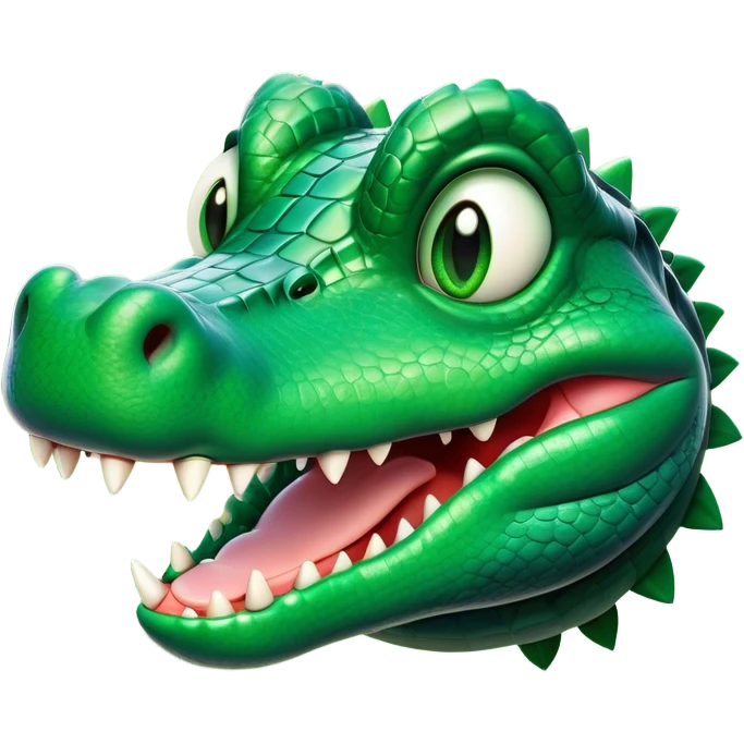 Cinematic Comical Crocodile Portrait Emoji, Head tilted dramatically with an exaggeratedly amused expression, featuring a striking, glossy emerald-green hide with bold textured scales and wide, expressive eyes filled with playful disbelief, Simplified yet hilariously expressive features, highly detailed, glowing with a slightly sassy glow, high shine, dramatic yet playful, stylized with an air of cheeky mischief, bright and endearing, soft glowing outline, capturing the essence of a spirited and over-the-top crocodile, so meme-worthy it feels like it could snap its jaws into internet fame instantly! emoji