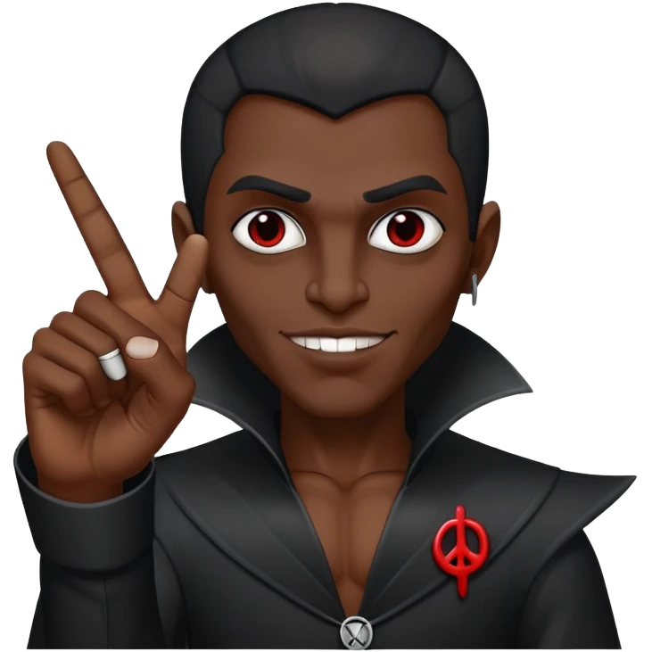 A black Vampire holding up the peace sign with his thumb also extended  emoji