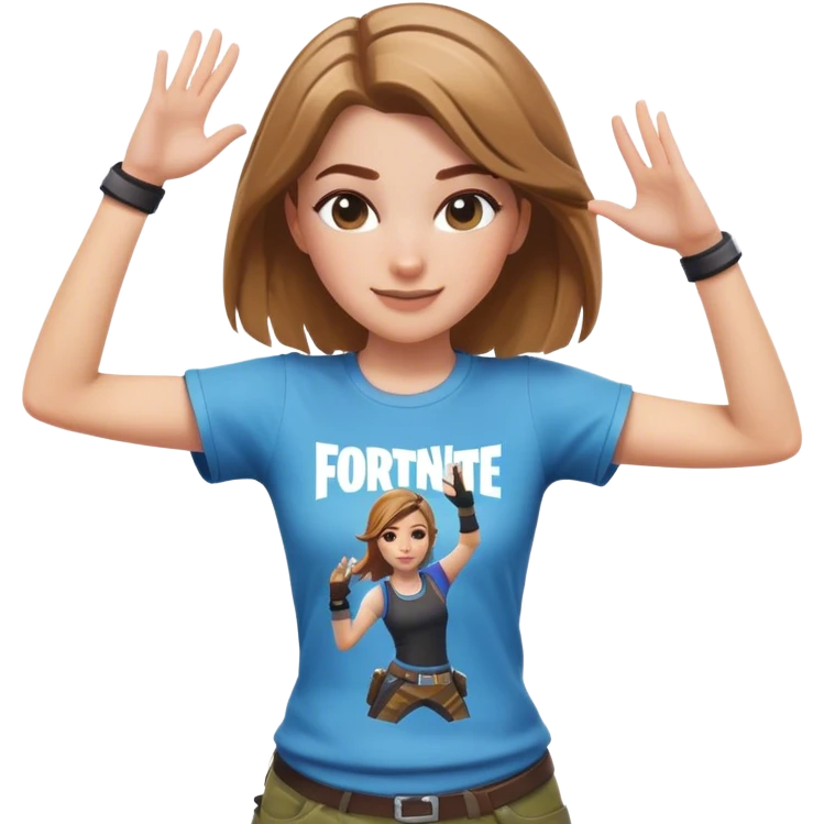 White girl with light brown hair dancing with Fortnite shirt emoji