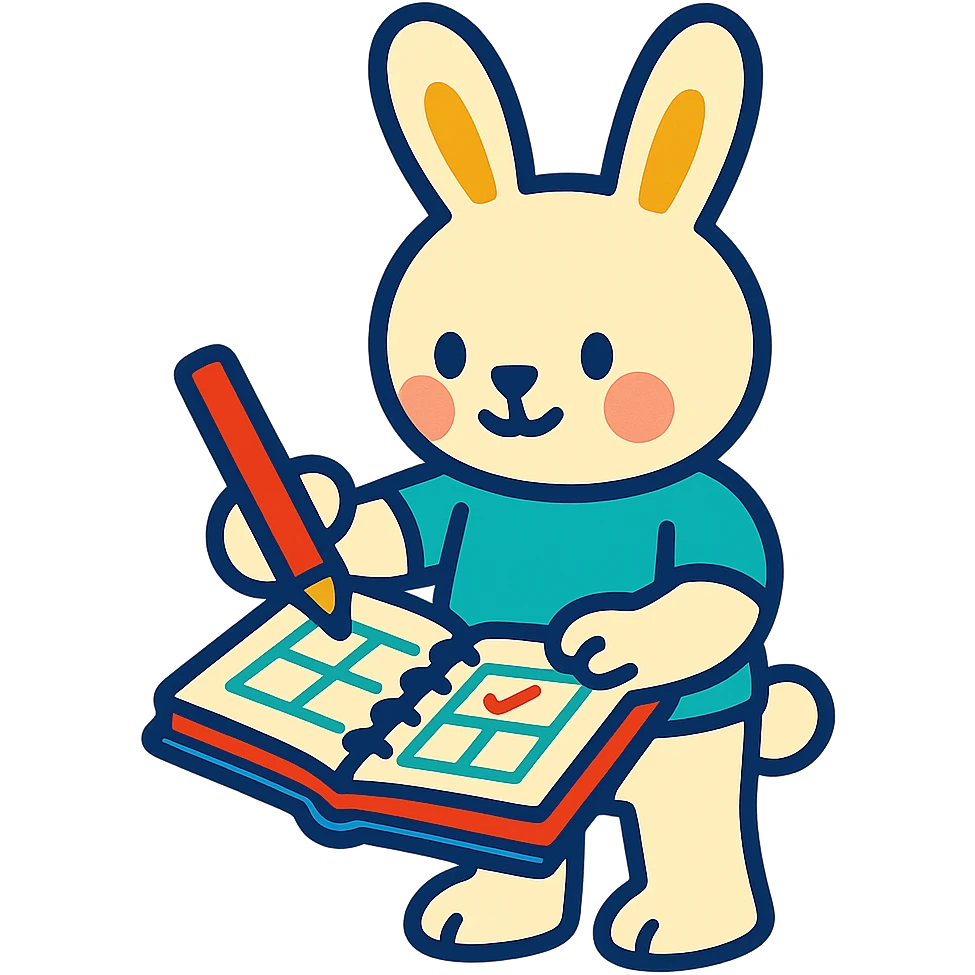 cream bunny writing in planner, standing, vibrant-toon style emoji