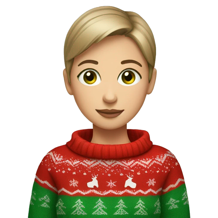 Light brown short haired girl with green eyes drinking coffee wearing red Christmas sweater emoji