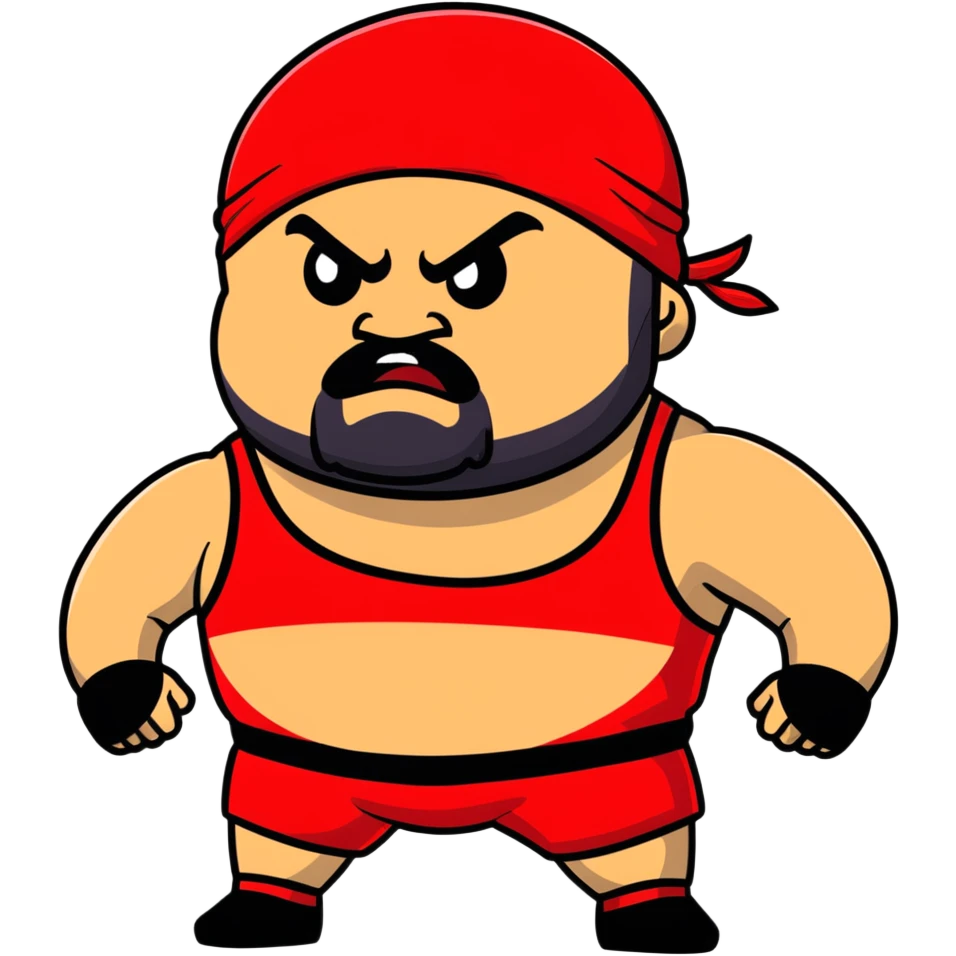 White skin fat guy with prominent black durag, short black beard, black eyes in a red and black wrestling singlet with angry face emoji