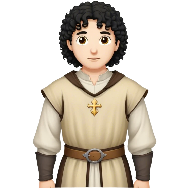 medieval outfit worn by a DnD themed fantasy character. basic low level clothes. clothes only above the waist. The clothes are only above the waist. The character's haven't arms. character is black hair brown eyes curly white man. emoji
