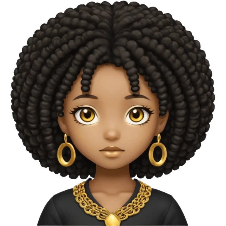 Create the same black chibi girl with long afro hair and beautiful gold eyes 20 times with different expression emoji