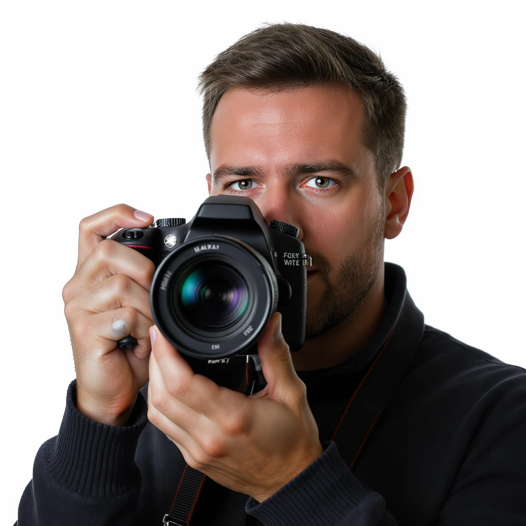 realistic portrait of a photographer posing with camera, studio quality, close up emoji
