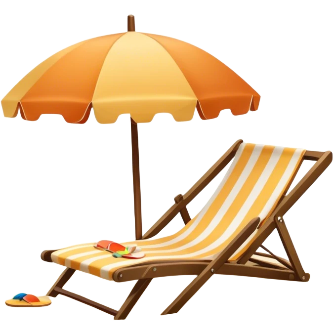 Icon for Beach Tourism: a sandy beach with a ocean landscape in the background, lounge chair, sun umbrella and flip-flops. The icon should capture the relaxation and fun of a beach vacation. Transparent background emoji