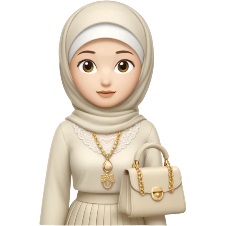 female memoji character, iPhone style, wearing white hijab, white lace top, pleated long skirt, cream handbag with gold chain, soft 3D shading, cute expression, no background, transparent PNG emoji