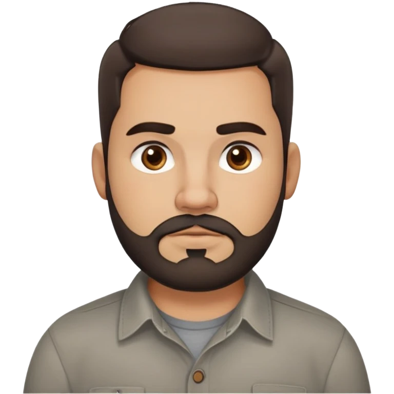 Stocky approachable man with light brown complexion, round friendly face, full cheeks, kind dark eyes, thick eyebrows, wide nose, medium lips with warm expression, short well-maintained full beard, short dark hair with simple cut, wearing a gray casual button-up shirt emoji