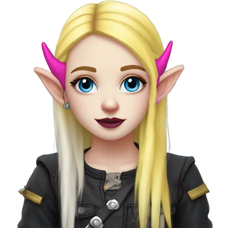 Blue eyed long eye lashes blonde  pale hime gyaru girl, hot pink and yellow split-dyed hair, nose ring, elf ears, dark makeup, punk clothes emoji